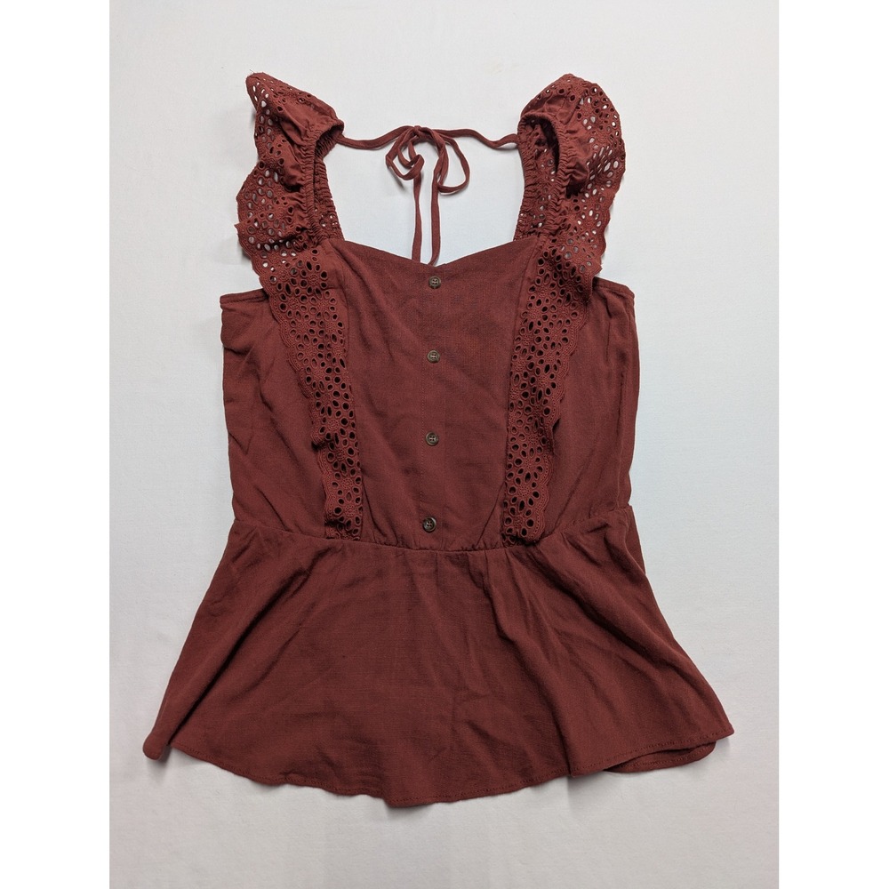 Moa Moa Women Rust Eyelet Lace Ruffle Peplum Button Front Tank Top Small